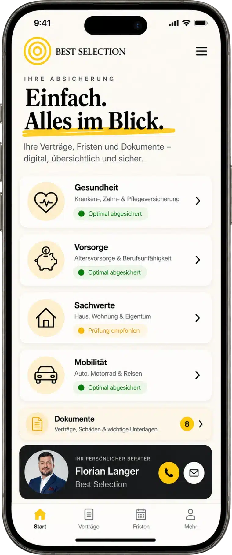 Kunden-App von Best Selection: Vertragsübersicht mit Gesundheit, Vorsorge, Sachwerten und Mobilität auf dem Smartphone