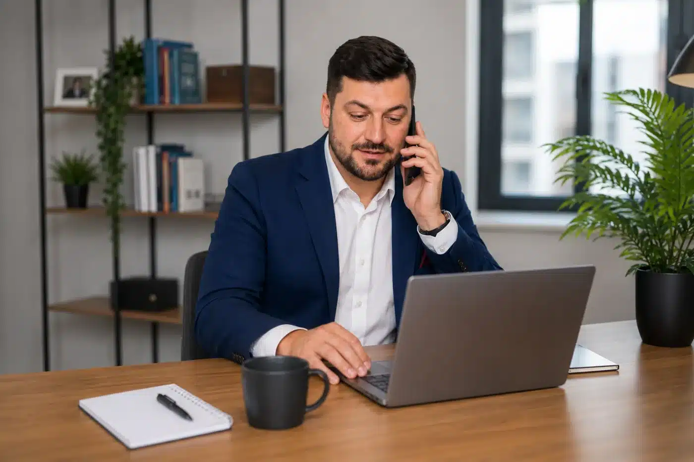 Florian Langer am Schreibtisch im Telefonat mit einem Kunden